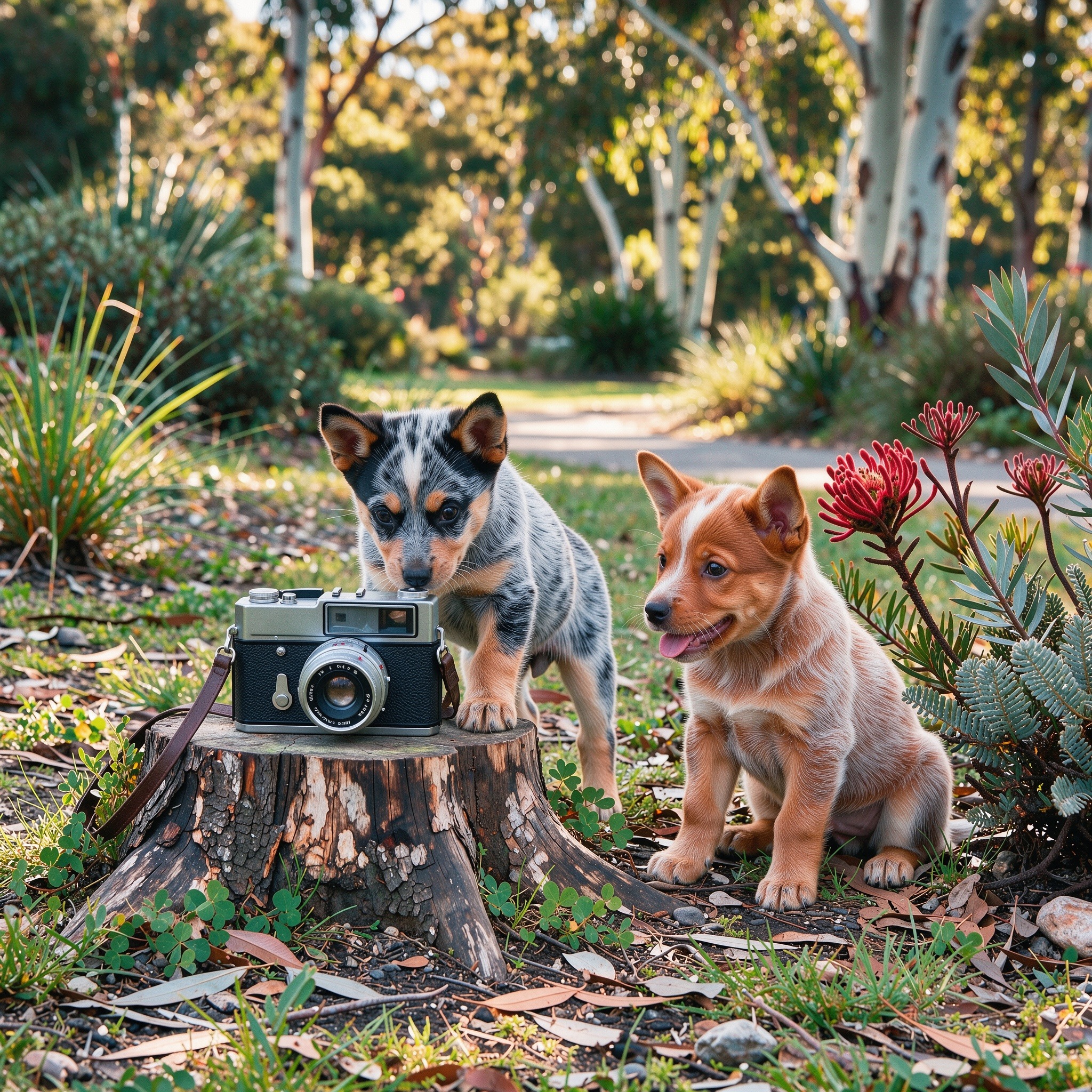 Deux chiots heelers explorent un parc australien, l’un photographiant avec un vieil appareil photo