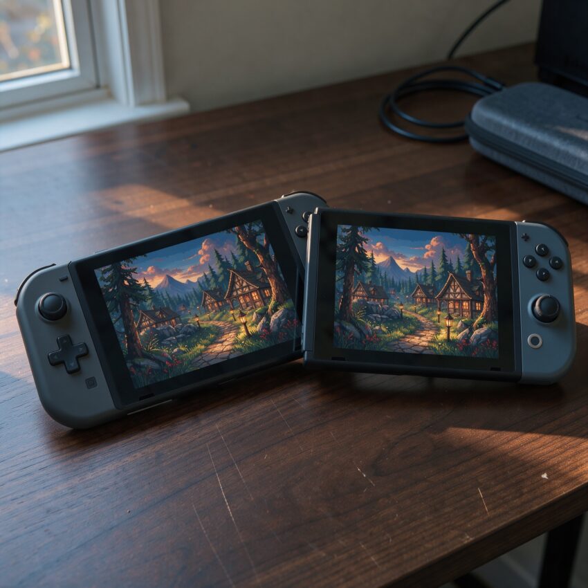 Deux consoles portables posées côte à côte sur un bureau sombre affichant un paysage fantasy en pixel art