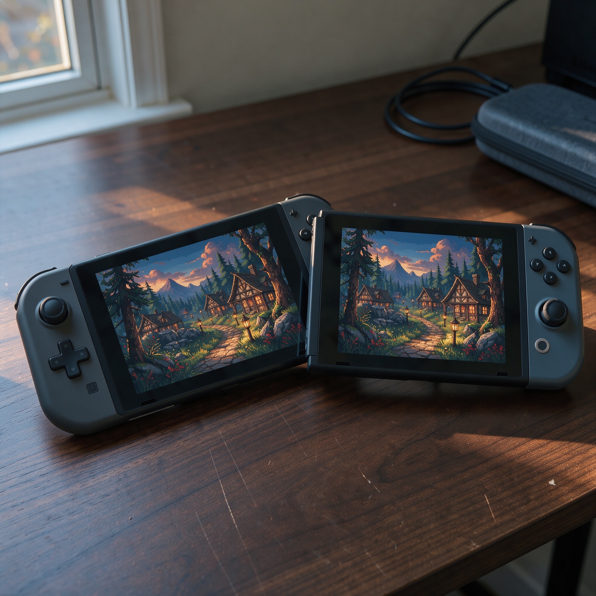 Deux consoles portables posées côte à côte sur un bureau sombre affichant un paysage fantasy en pixel art