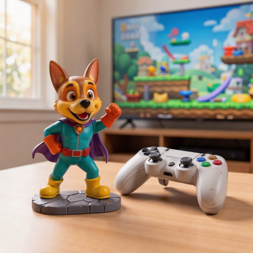 Figurine de super-héros mi-chien mi-humain près d’une manette, devant une télévision floue affichant un monde de plateformes coloré
